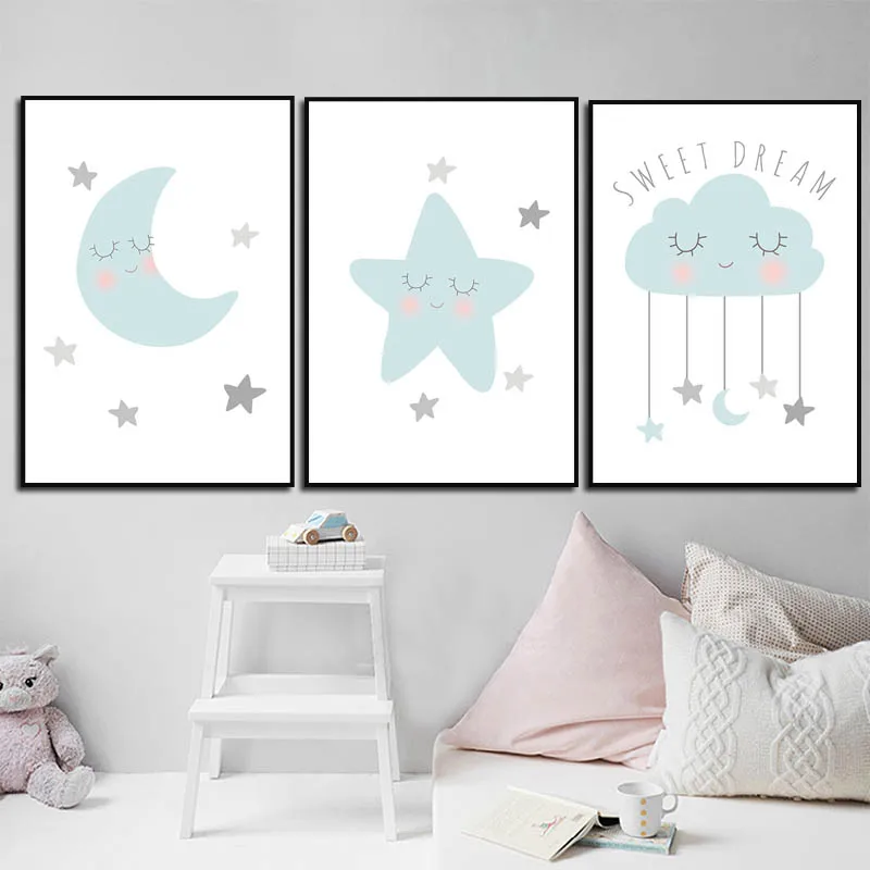 С рисунком Луна Звезды облака Детские стихи ребенка печати плакатов Wall Art Холст