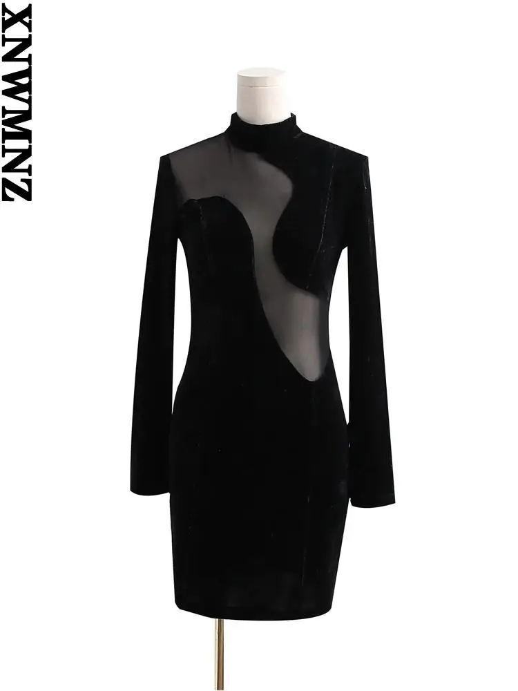 

XNWMNZ Women 2022 fashion mesh stitching velvet sexy mini dress vintage O neck long sleeves female dresses vestidos mujer y2k