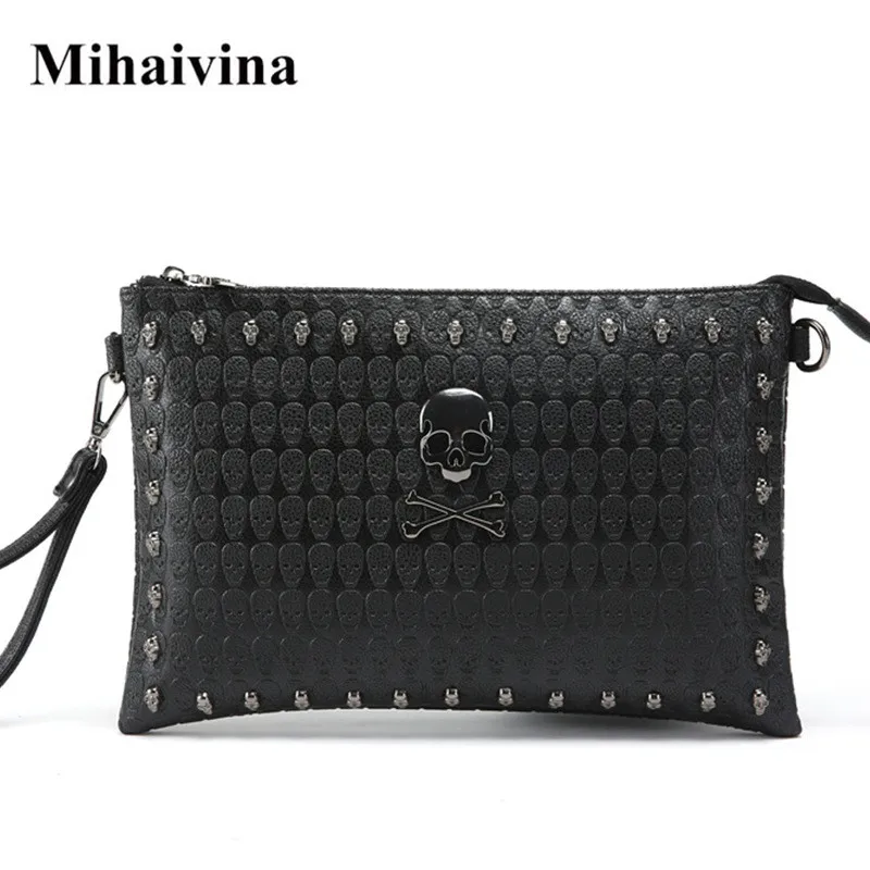 

Mihaivina New Handbag Gothic Skull Bag Black Rivet Shoulder Messenger Bags Unisex PU Leather Wallet Mobile Phone Bag 2021