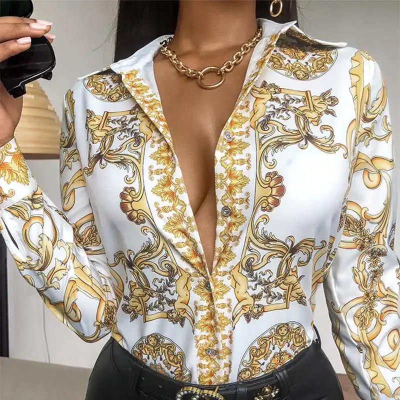 

VONDA Women Autumn Long Sleeve Party Shirts Lady Casual Turn Down Neck Vintage Printed Holiday Blouse Casual Office Formal Tops