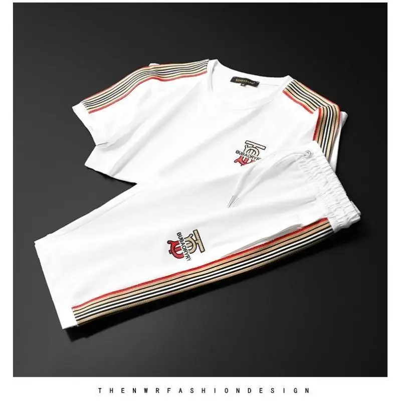 

Summer new embroidered stripes casual Outfits men's slim short sleeve T-shirt shorts tide brand two-piece set