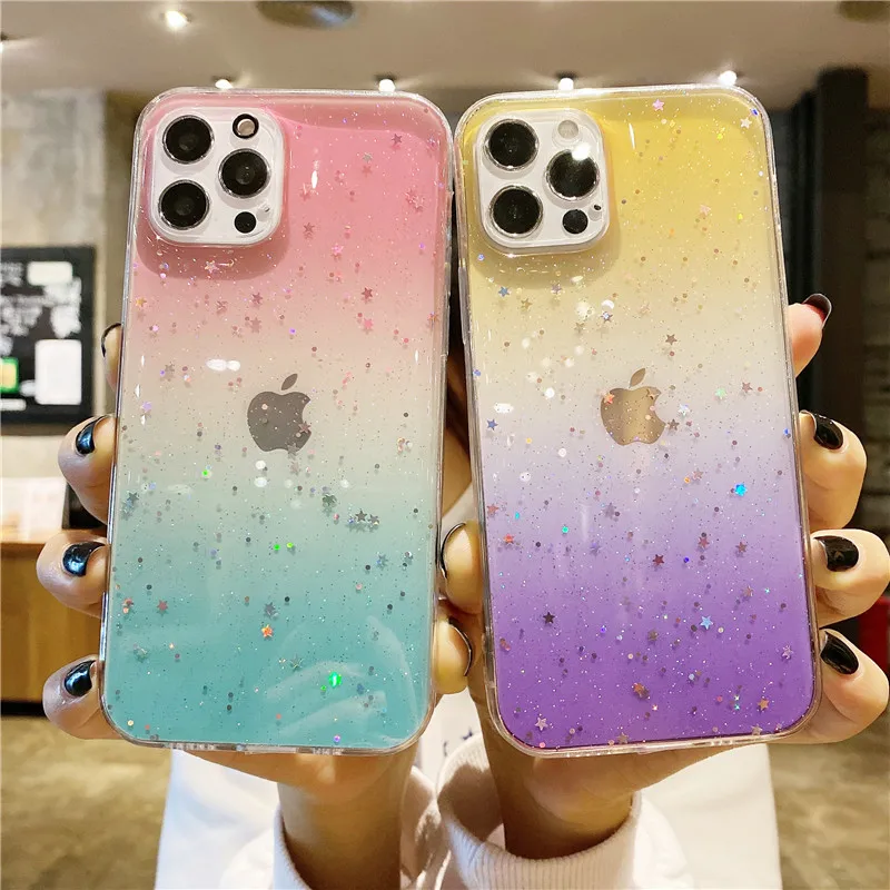 

Transparent Bling Gradient Sequin Phone Case For iPhone 11 12 Pro Max XS Max X XR 7 8 Plus 12 Mini SE 20 Star Glitter Back Cover