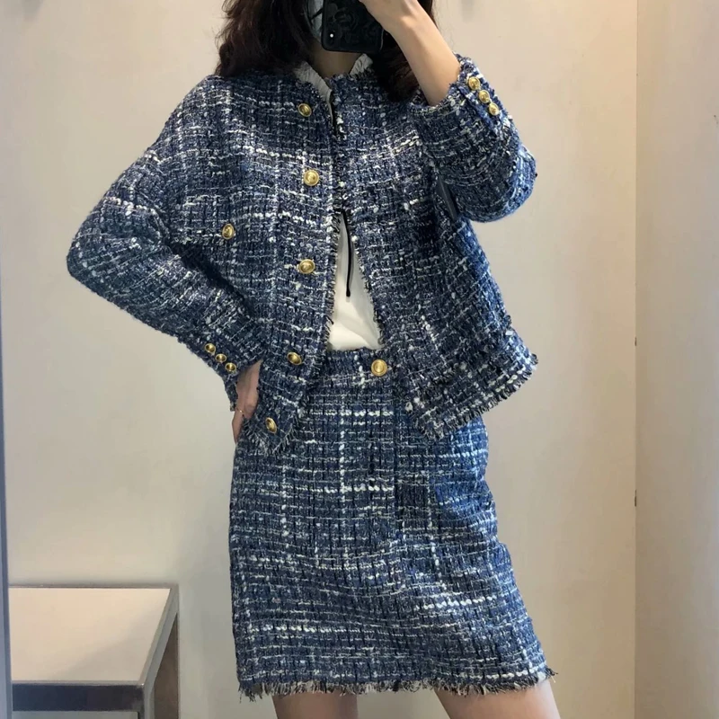 Женский винтажный клетчатый твидовый комплект из двух предметов Офисная куртка