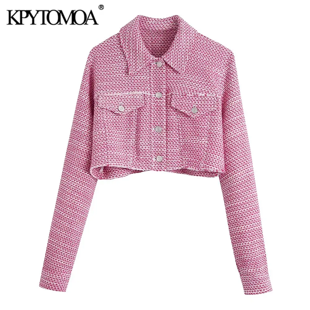 

KPYTOMOA Women Fashion Tweed Frayed Hem Cropped Jacket Coat Vintage Long Sleeve Flap Pockets Female Outerwear Chic Tops