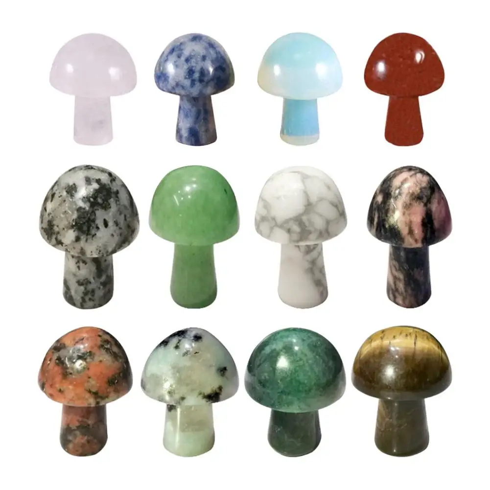 12 PCS/ Set Mini Mushroom Figurine Natural Stones Carved Crafts Decor Quartz Healing Crystal Statue Home Garden Yard Decoration