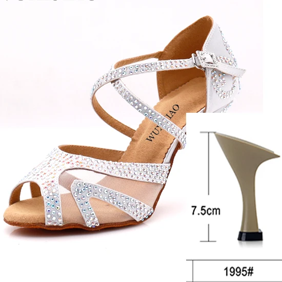 heel 7.5cm WUXIJIAO/Серебристые атласные латинские женские туфли для танцев; вечерние туфли со стразами для бальных танцев; женская обувь 9 см - Цвет: heel 7.5cm