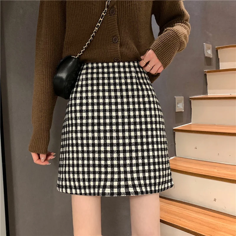 

Весенняя юбка, модная клетчатая юбка с высоким воротом