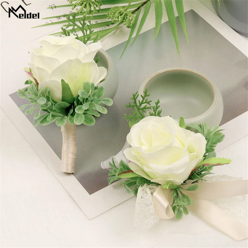 Meldel шелковые розы белые свадебные корсажи и бутоньерки жениха для мужчин