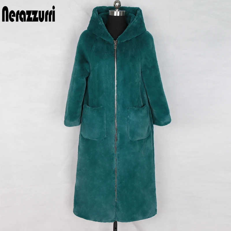 green Nerazzurri длинное зимнее пальто из искусственного меха с капюшоном, с длинными рукавами,на молнии черный пушистый искусственный кроличий мех верхняя одежда,плюшевое пальто большого размера искусственная шуба стильная - Цвет: green