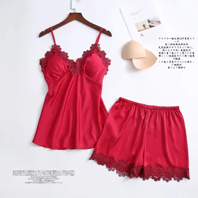 

Women's Sexy Pajamas 2 Piece Set & Summer Sexy Ice Ribbon Chest Pad Spaghetti Strap 2 Pcs Set Pajamas Size M-XXL