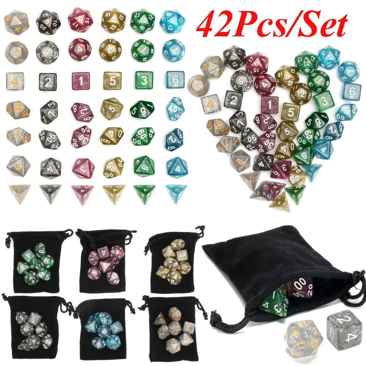 

42 Pcs 6 Sets Translucent Polyhedral Acrylic Dice Set D20 D12 D10 D8 D6 D4 Board Table Games with 6Pcs Black Velvet Pouches Gift