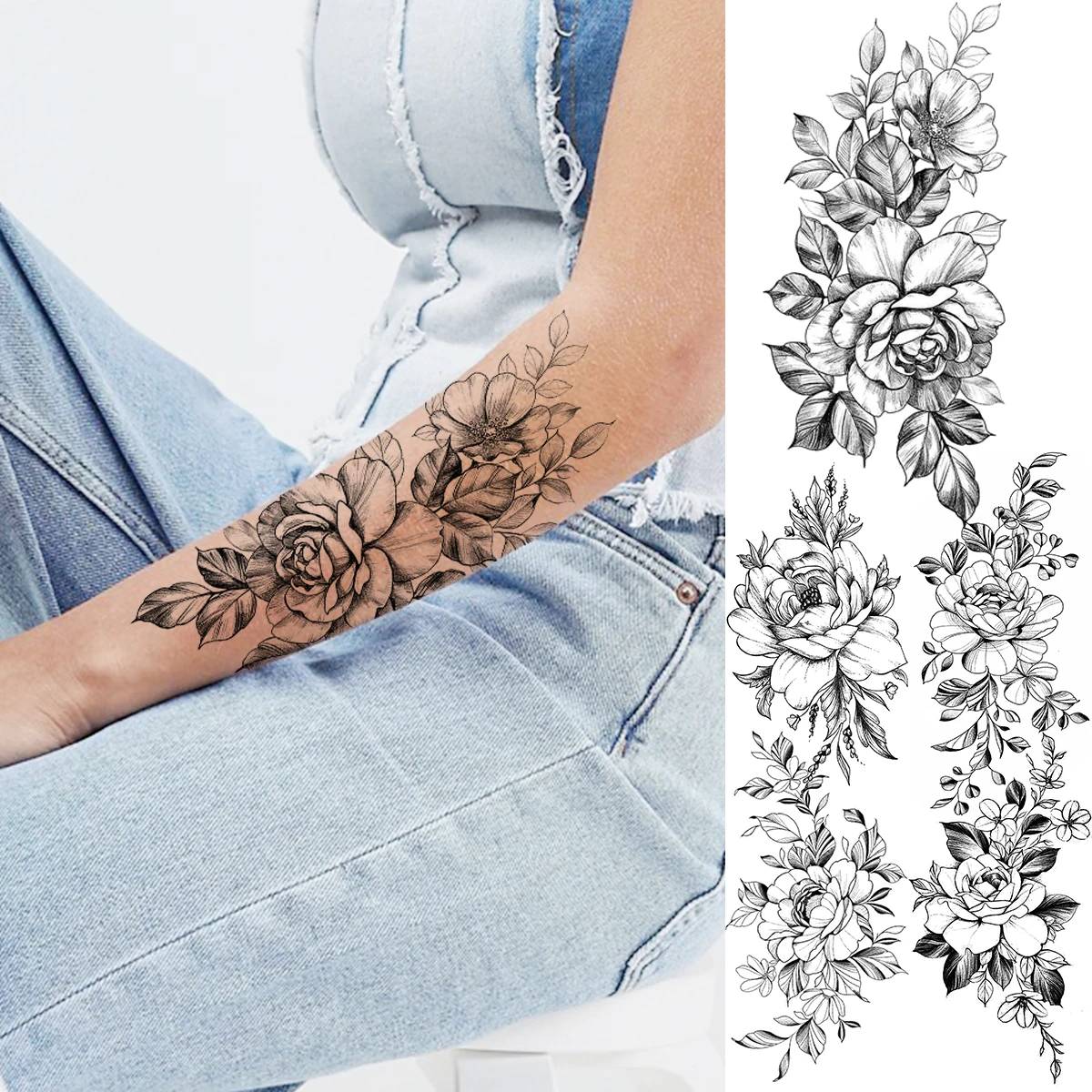 Временные татуировки с черными пионами для женщин Роза взрослых и девушек