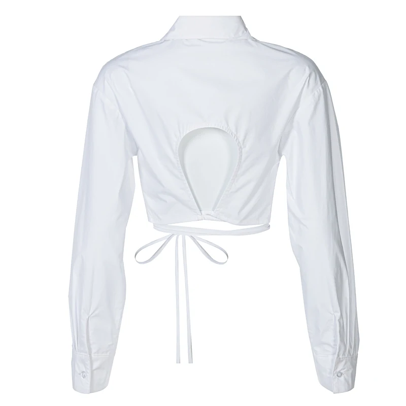 

2021 Long Sleeve Solid Turndown Collar Bandage Hollow Out Tshirt Spring Summer Women Sexy Streetwear Lounge Wear Tops