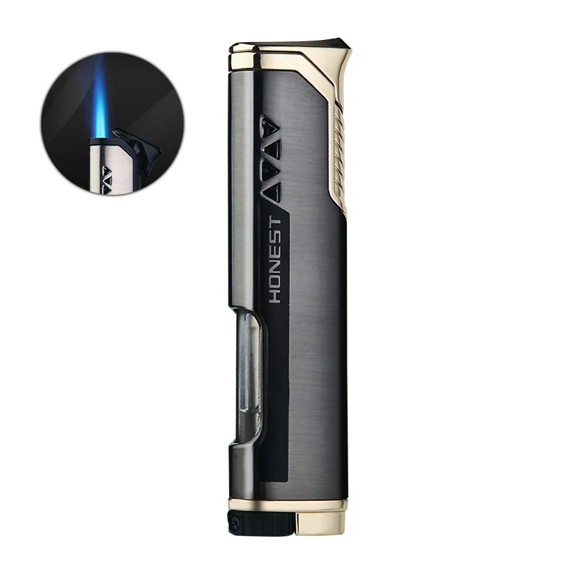 

Честная модная зажигалка с прямым пламенем, надувная ветрозащитная зажигалка с газовым окном, подарок для друга