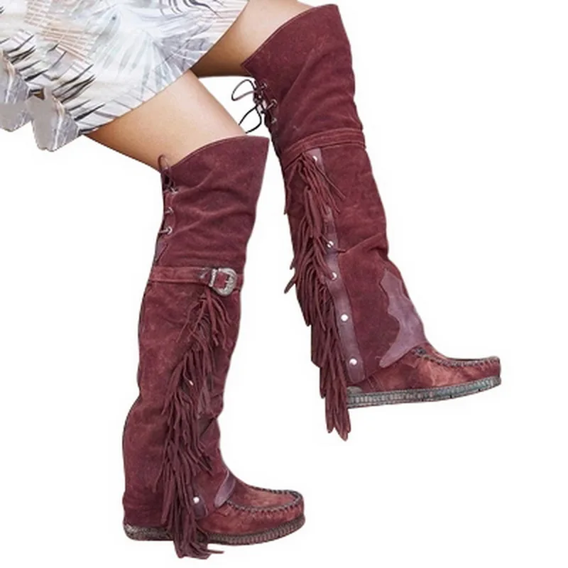 Женские богемные сапоги до колена этнические высокие из искусственной замши с