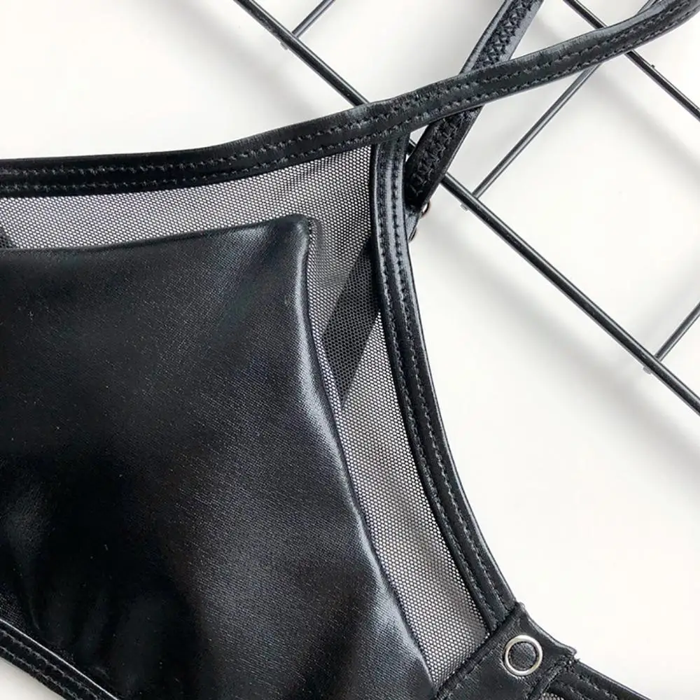 Яркий кожаный женский бикини Танга сетчатый полый купальник комплект