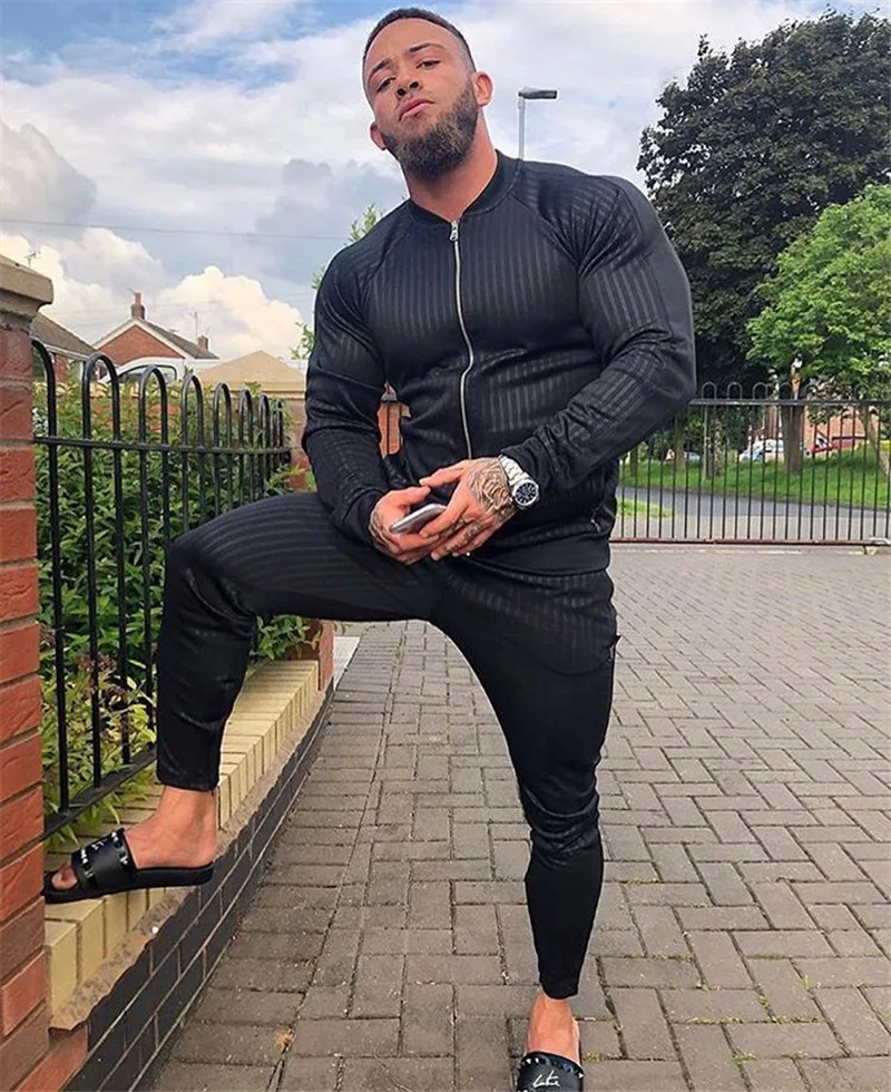 

New Sports Suit Men Bodybuilding jacket+pants Set men Sports Suits zipper Tights Clothes Gym Fitness Running Set Men Tracksuits