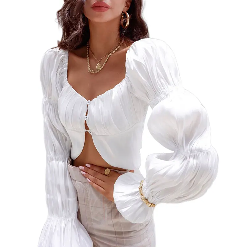 

Women s Crop Top Sexy and Fashionable U-Shaped Collar Long Sleeve Short Pleated T-Shirt with Cardigan and Midriff-Baring