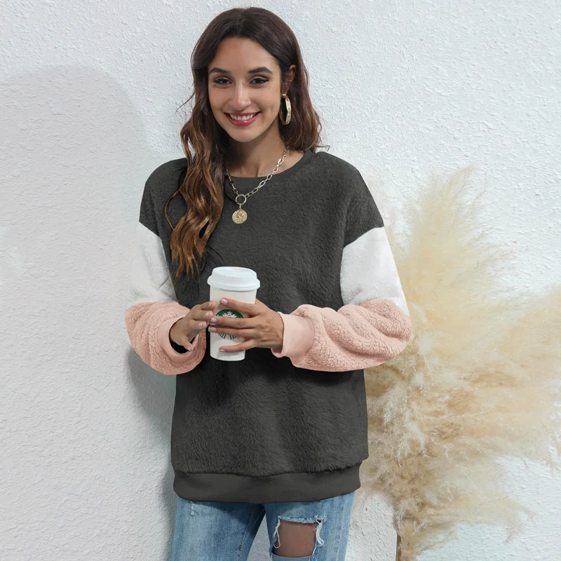 

Autumn And Winter Women's New Casual T-shirt Round Neck Three-color Stitching Thick Loose Bottoming T-shirt Wm*
