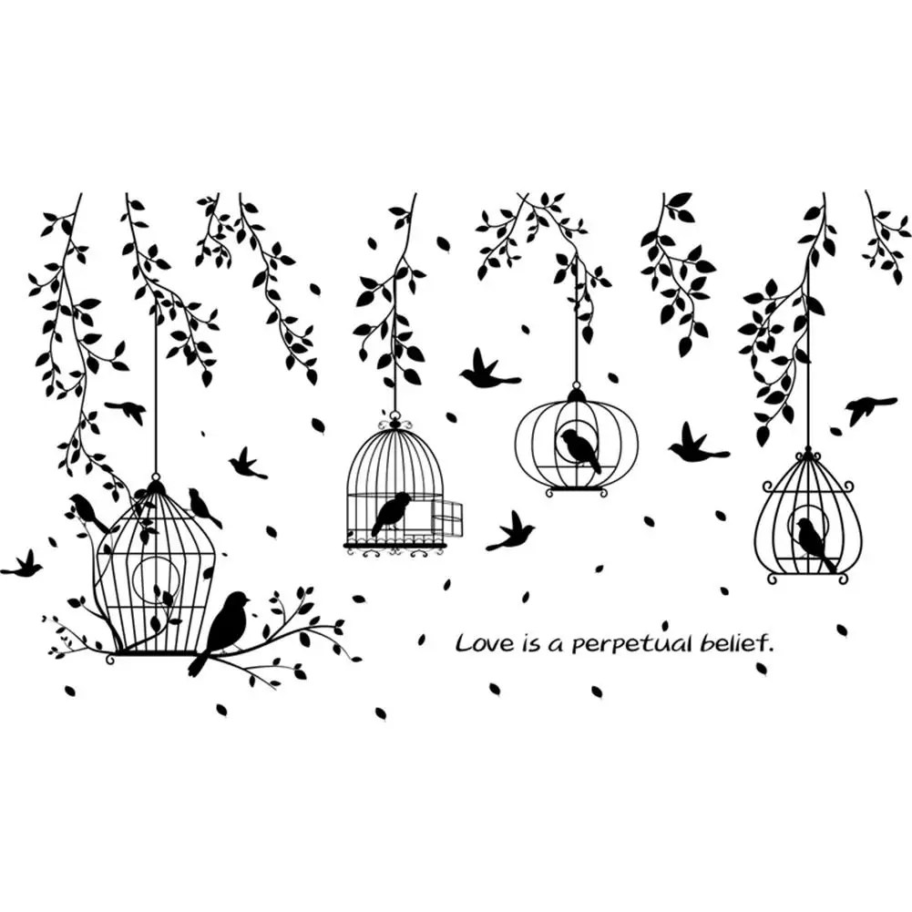 Black Bird Cage and Leaves Silhouette Patterns Wall Stickers TV Background Sticker Decorative Dining Hall Room Decoration | Дом и сад