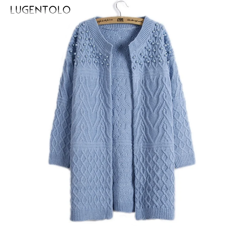 

Lugentolo Women Cardigan Sweater Solid Color Mid-Length Long-Sleeve Twist Knitwear Loose Beaded Slim-Fit Female Casual Sweaters