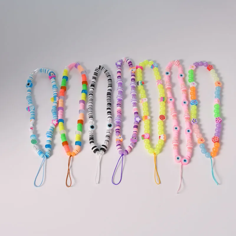 

New Luminous Beads Mobile Phone Chains Rainbow Colors Soft Pottery Resin Cartoon Pearl Letters Eye Candy Beads Lanyards Jewelry