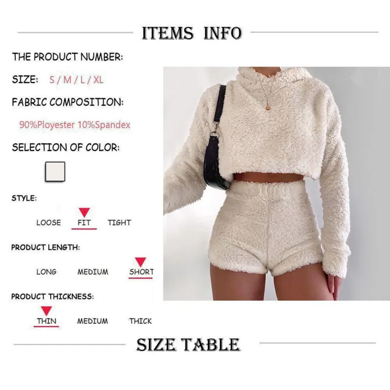 

Women Winter Coat Plush Tops Solid Color Hoodies Long Sleeve Hooded Long-sleeved Autumn Hip Shorts Two-piece Set
