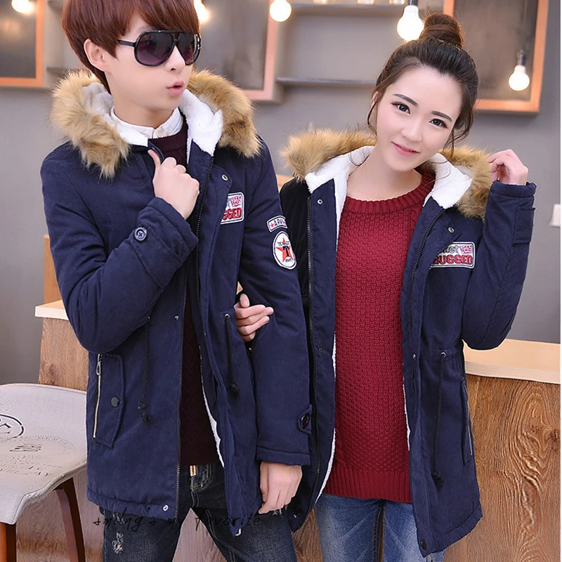 

Fashion men & women keep warm lovers cotton clothes solod color hooded winter jacket coats fur collar thick men warm coat
