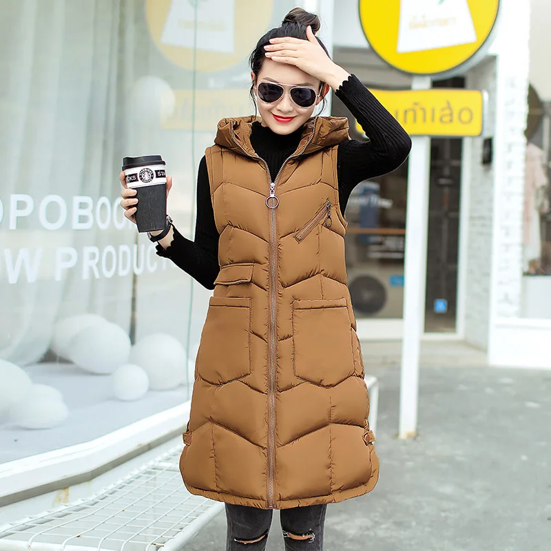 

Plus Size Womens Hooded Long Section Vest Coats Large Size Winter Autumn Sleeveless Cotton Padded Jackets Warm Waistcoat Y955
