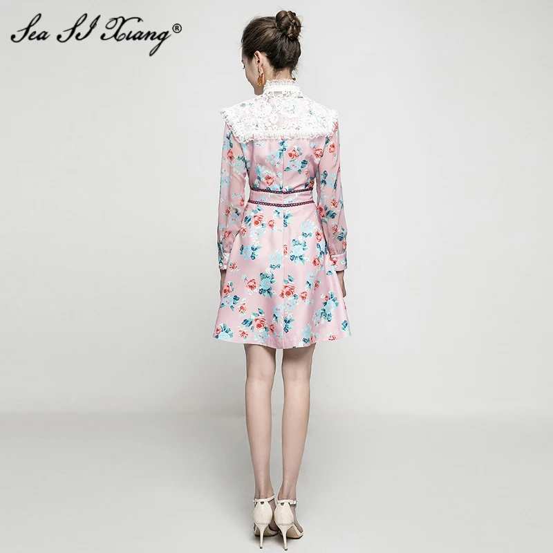 

Seasixiang Fashion Designer Spring Dress Women's Long Sleeve Lace Patchwork Beading Vintage Flower Print Dresses