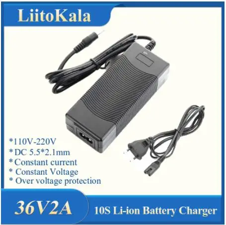 LiitoKala-cargador de iones de litio 10S 36V2A, 42V, 2A, 100-240V, entrada para bicicleta eléctrica y vehículo de ruedas, 36V