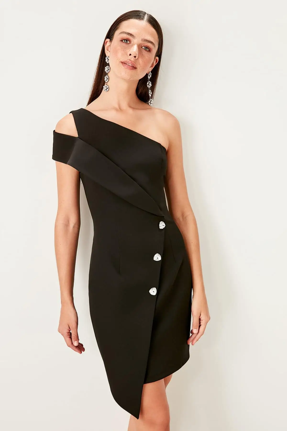 Trendyol черное асимметричное платье TPRSS19UZ0101|Женские платья| |