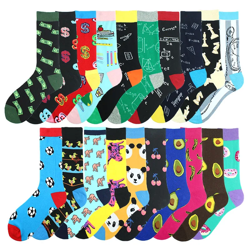 

Men Big Size Funny Socks Avocado Donuts Cherry Banana Geometric Money Happy Design Sokken Skateboard Crew Calcetines Divertidos