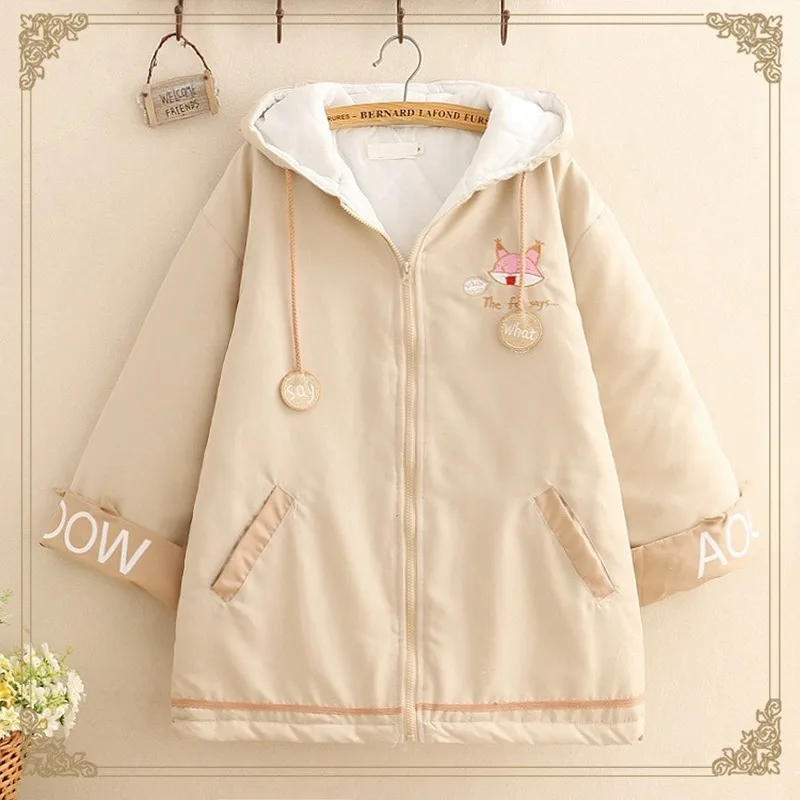 

Winter Women Sweet Long Sleeve Coat Outwear Vintage Warm Hooded Parka Cute Cartoon Loose Jackets Kawaii Teen Girl Overcoats