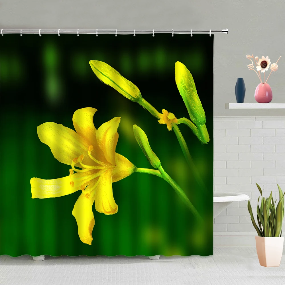 

Bathroom Accessories Hand-painted Decorative Plants And Flower Background Partition Screen Waterproof Polyester Fabric With Hook