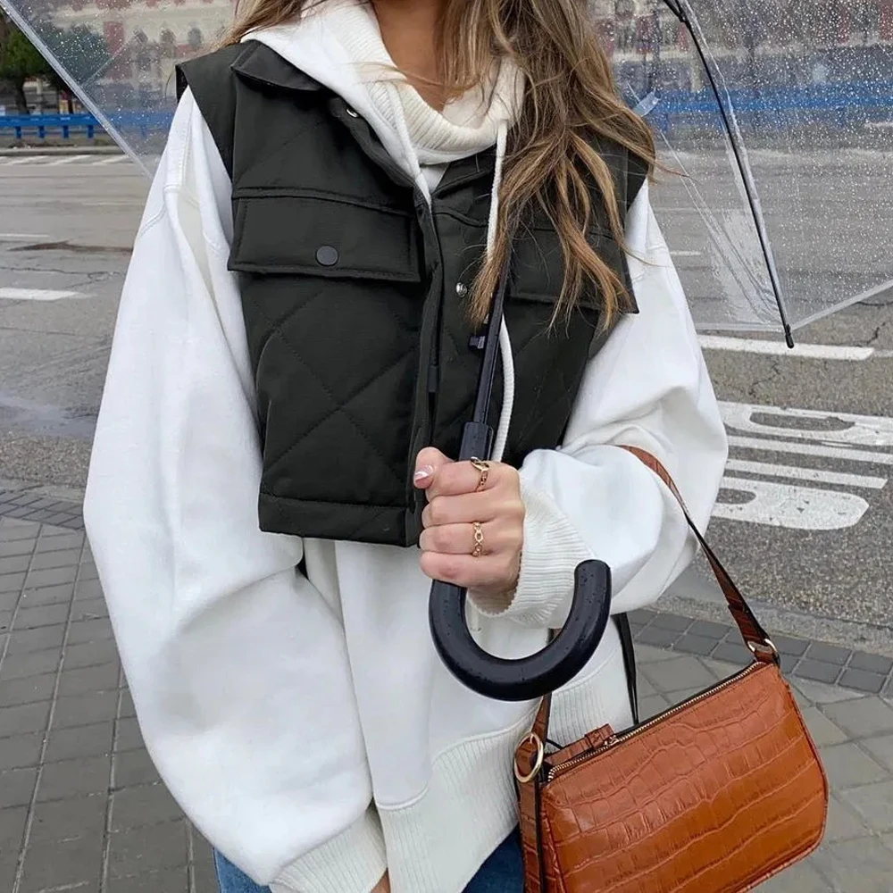 

Women Army Green Fashion Warm short Jacket cardigan Waistcoat Thick Sleeveless Coat lapel Dark buckle Cotton Vest Outerwear