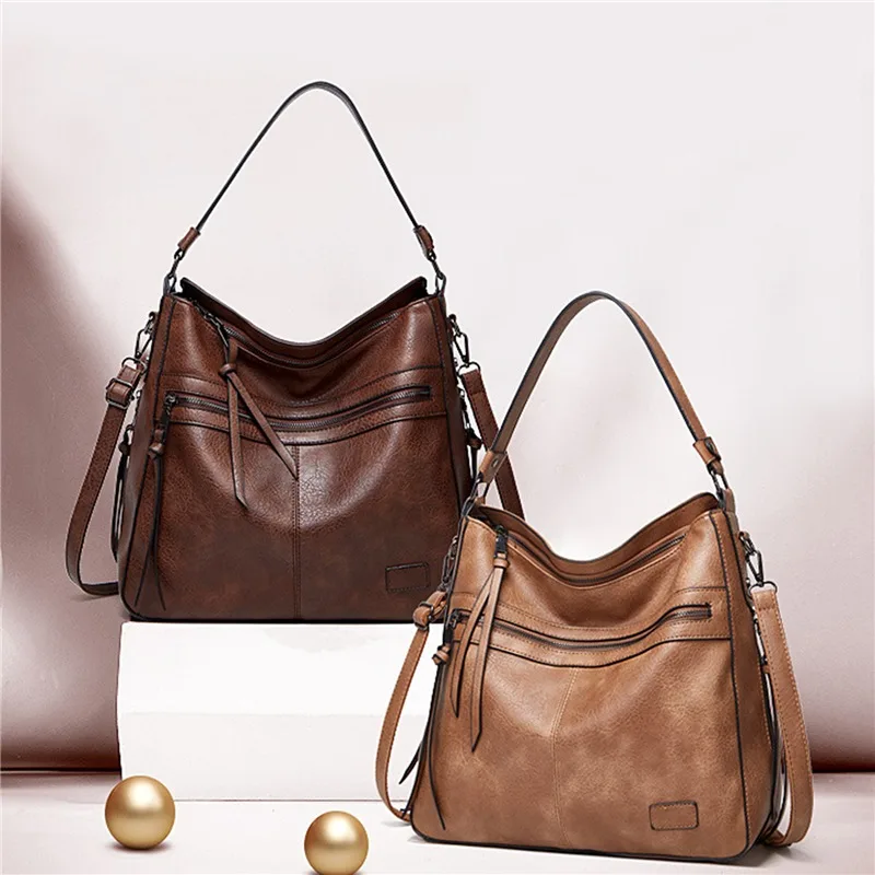

Women Khaki handbag shoulder bag multi-zipper tassel Soid Color Handbags retro Luxury Leather Crossbody Bags