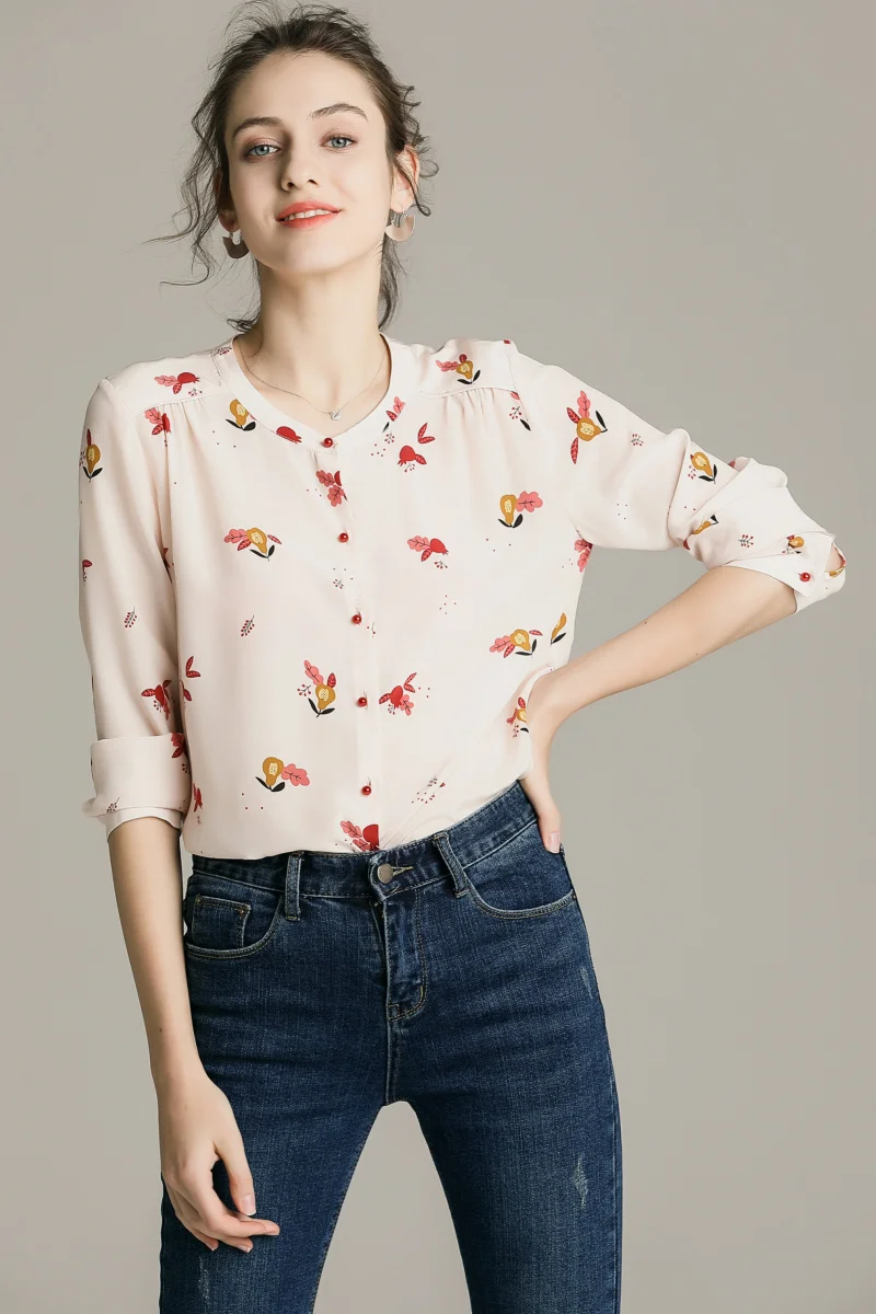 Женский топ из натурального шелка шифоновая блузка с длинным рукавом и принтом