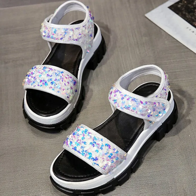 

2022 Summer Outdoor Women Sandals Hook Loop Bling Thick Bottom Non-Slip Concise Female Shoes Fashion Comfortable Ladies Sandals