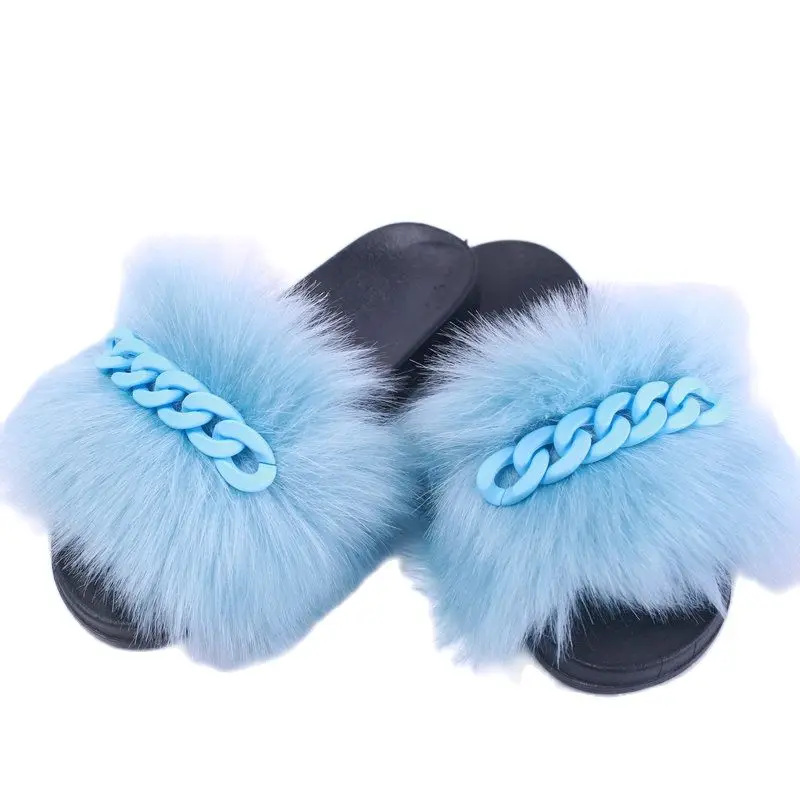 

Furry Slippers Fluffy Flip Flops Women Summer Home Flat Shoes Designer Chain Plush Raccoon Fur Slides Beach Faux Fox Sandals