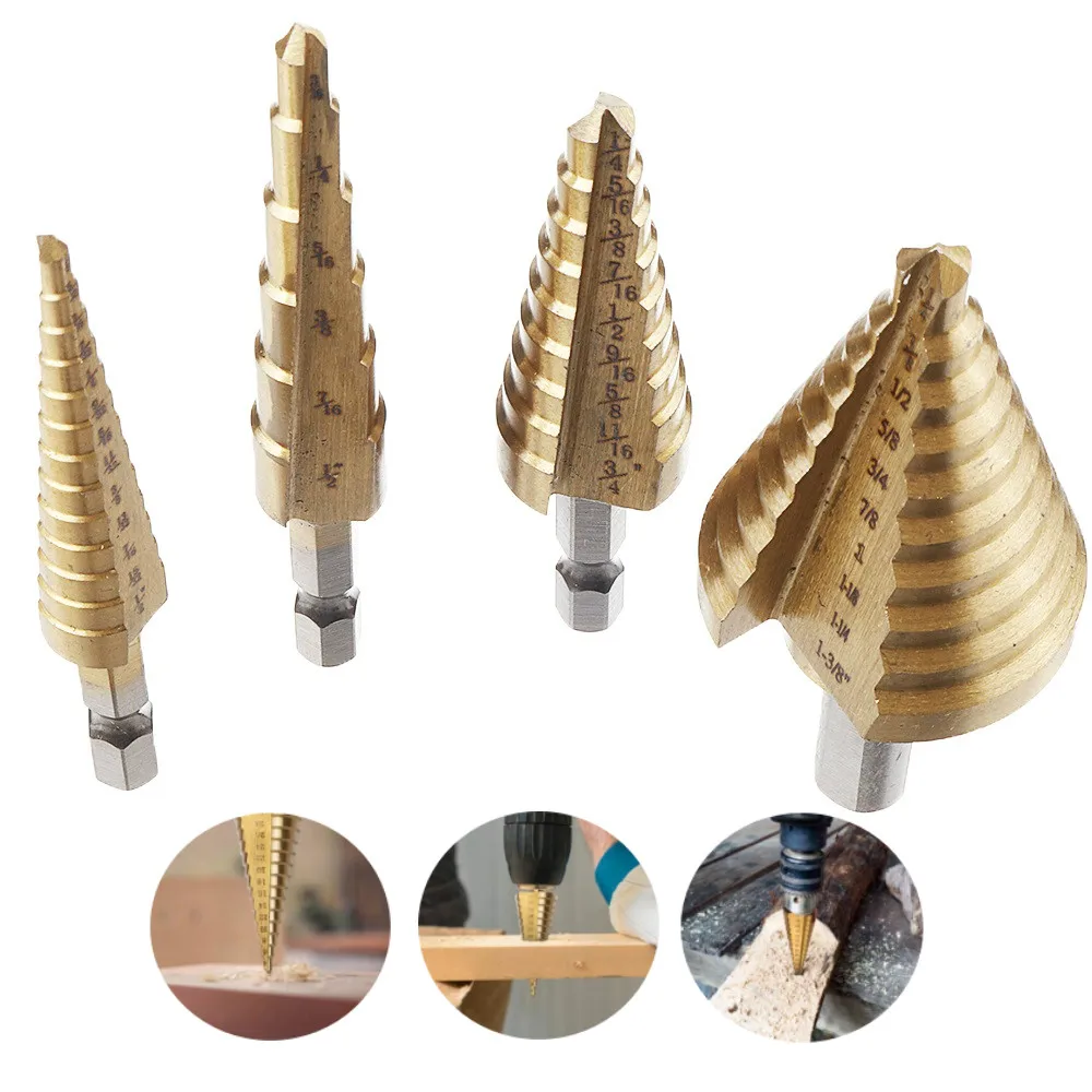 

DANIU 4Pcs/Set High Speed Steel Titanium Coated Step Drill Bit 1/4 Hex Shank HSS Step Drill For Metal Tool Set