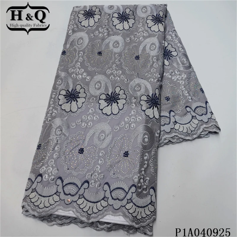 

H&Q 100% cotton african voile lace fabric 2021 comfortable embroidery with stone french dry lace with rhinestone fabrics 5 yard