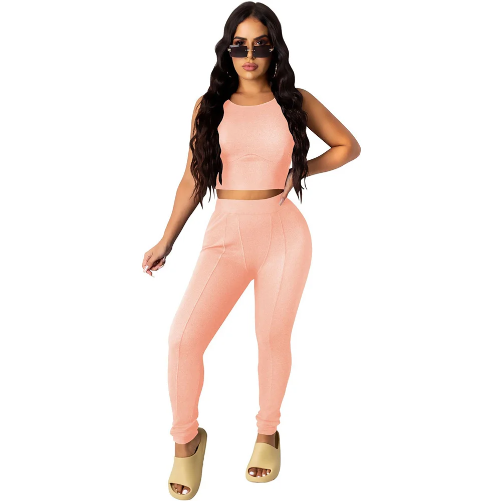 

Striped Elastic Hight Casual Two Piece Set Women Sleeveless Tank Crop Top and High Waist Legging Activewear Workout Club Outfit