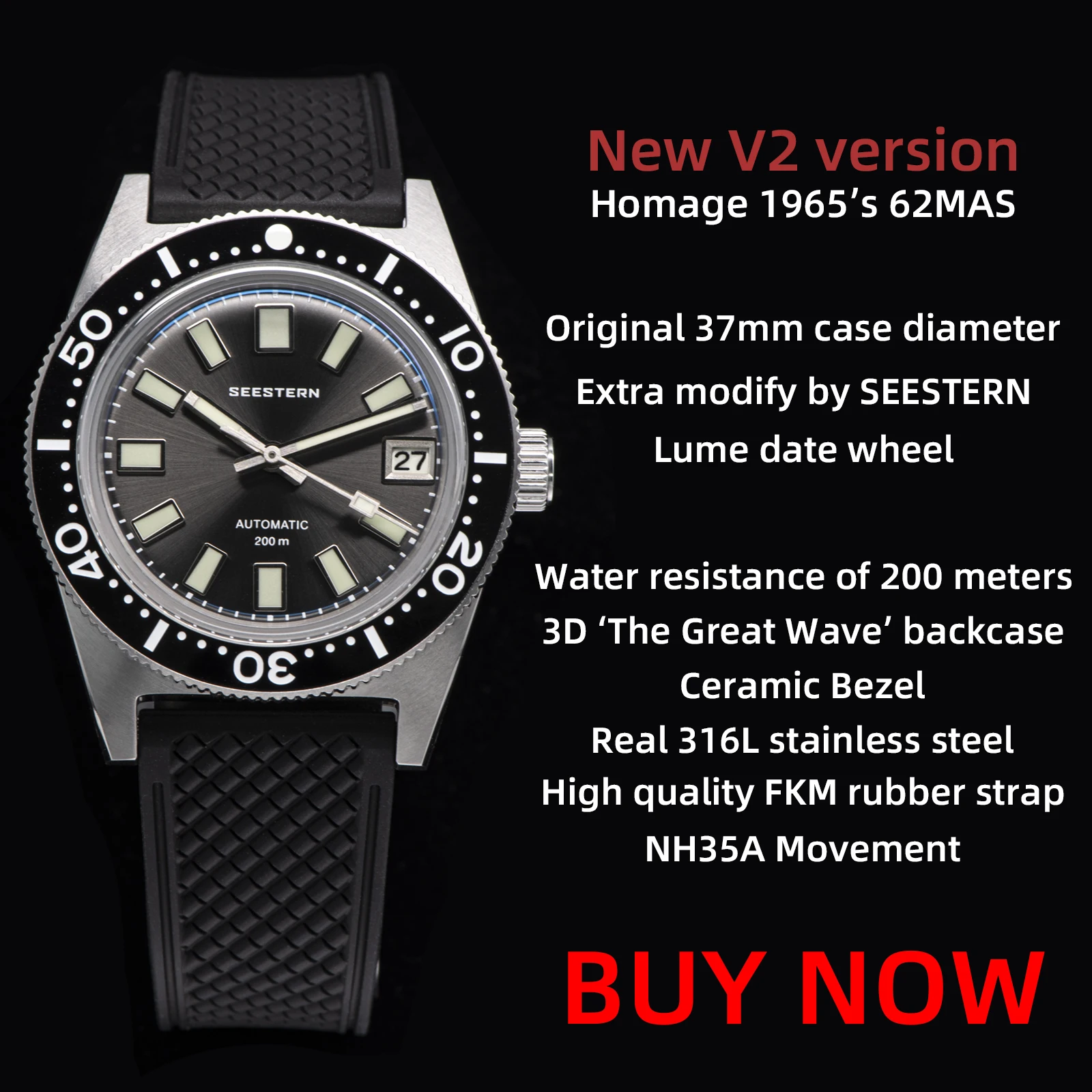 Купить Оригинальные часы SEESTERN 62MAS Diver's, диаметр 37 мм, Nh35 автоматические механические наручные часы, водонепроницаемые светящиеся колесо, ретро Pr