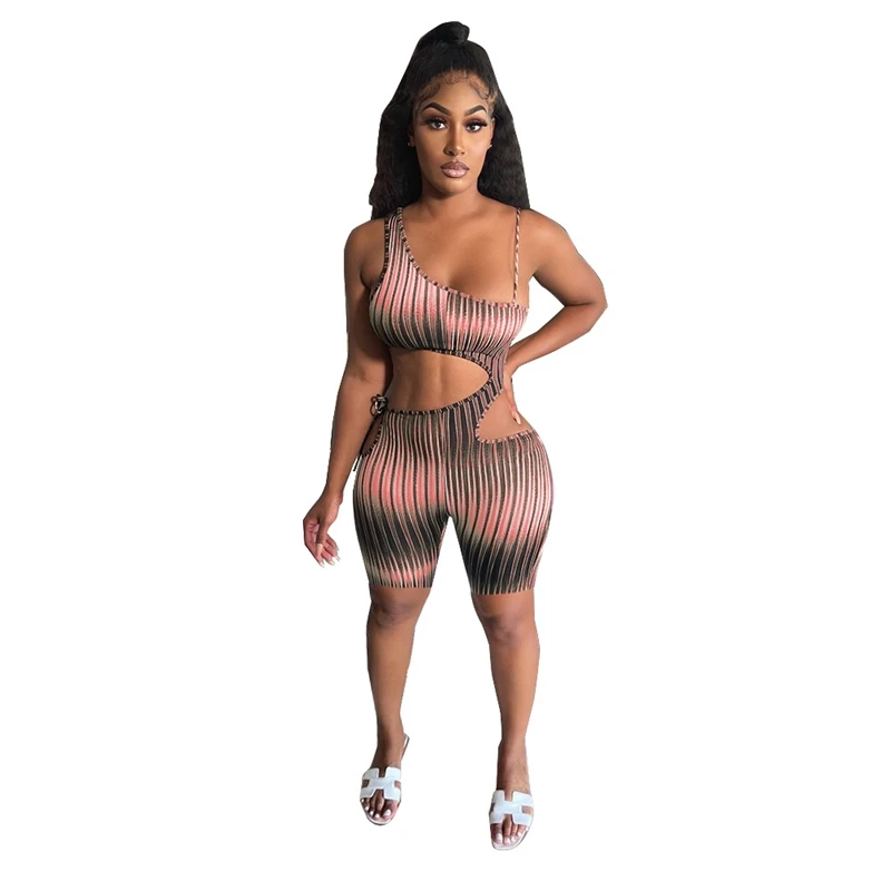 

Striped Hollow Playsuit Summer Spaghetti Strap Bodycon Club Outfits for Women Sexy Night Party One Piece Short Rompers