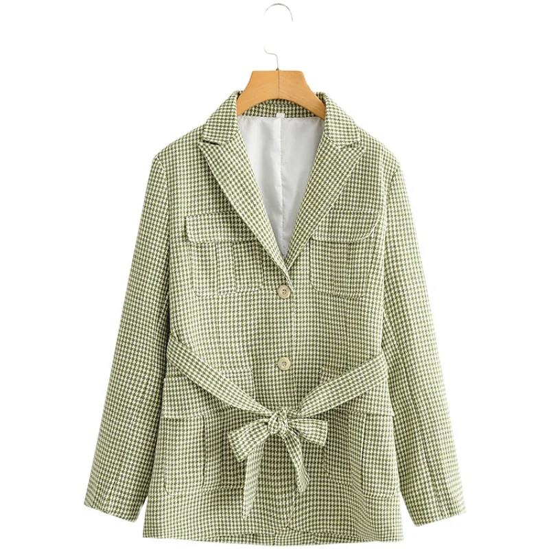 

Feeling Small Fragrance Style Houndstooth Top Minimalist Long Sleeve Breasted Bow Lace-up Waist Small Suit for Women