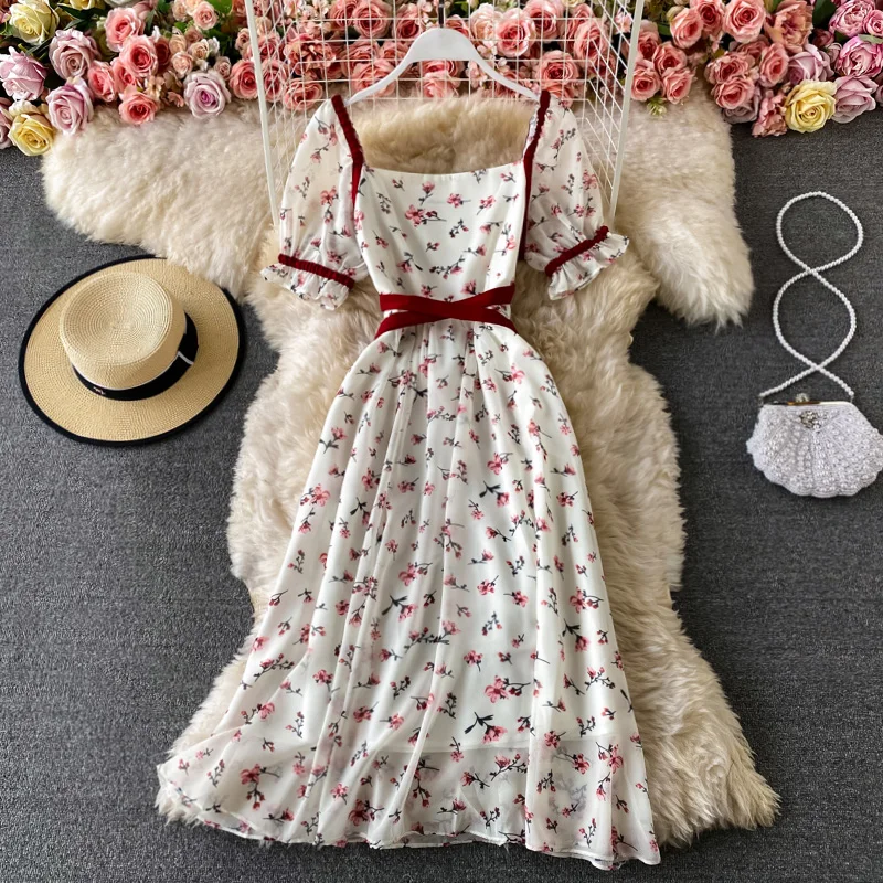 

YIZZHOY Summer New Arrive Women Square Collar Vintage Floral Midi Dress Female A-line Slim Printing Puff Sleeve Elegant Dress