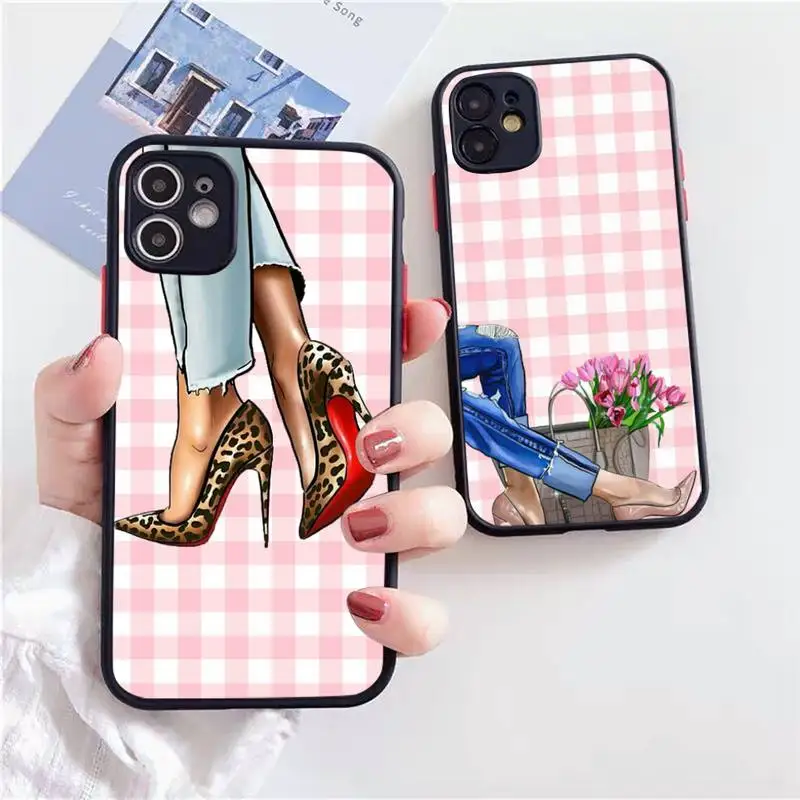 

Fashion Girls High Heels pink Phone Case Matte Transparent for iPhone 7 8 11 12 s mini pro X XS XR MAX Plus cover funda