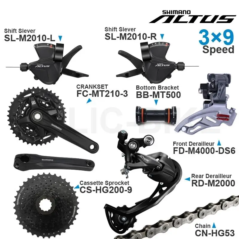 Shimano Altus 3x9v набор с системой M2010, переключателем M2000, передним / задним переключателем MT210, шатуном Cassette Sprocket BB ORIGINAL.