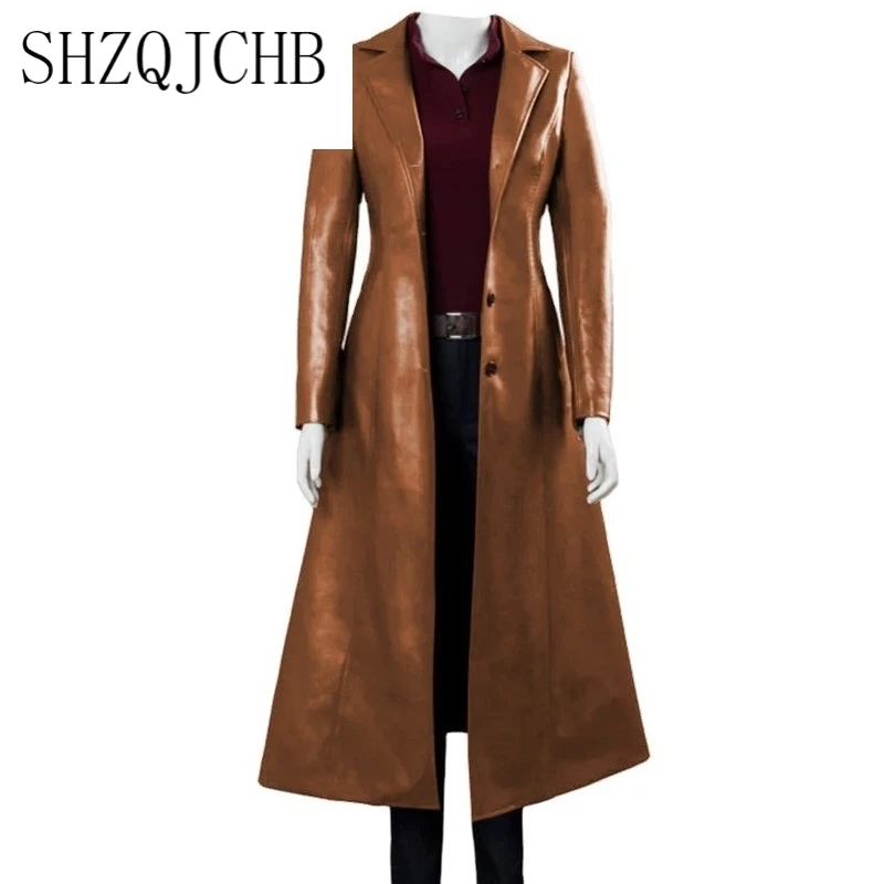 

JCHB Women Long Leather Jacket Plus Size 5XL Ladies Elegant Washed PU Leather Coats Trench Female Outerwear